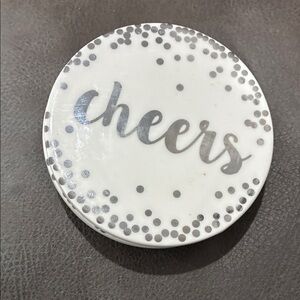 White and Silver ceramic Cheers Coasters. Set of 4. Perfect condition